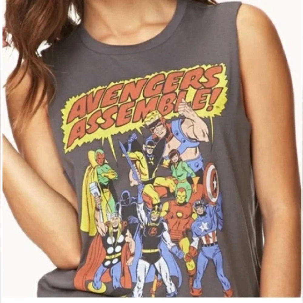 Marvel Avengers Assemble Graphic Tank Top Charcoal Gray Raw Hem Smal